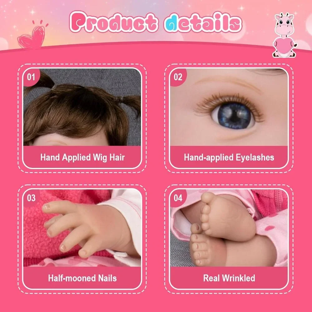 💫 Reborn Baby Dolls Pink Realistic  22 inch Wig Hair Accessories Gift Set Toy